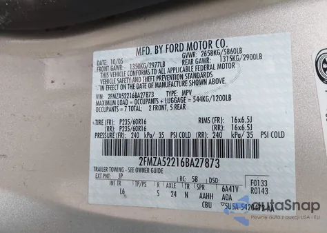 2006 Ford Freestar Sel z USA, uszkodzony, nr VIN 2FMZA52216BA27873